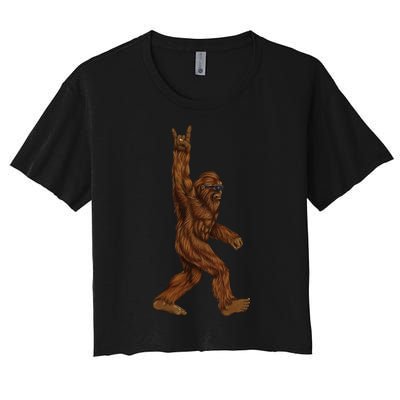 Rock On Bigfoot Sasquatch Loves Rock And Roll Sunglasses On Women's Crop Top Tee