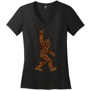 Rock On Bigfoot Sasquatch Loves Rock And Roll Sunglasses On Women's V-Neck T-Shirt