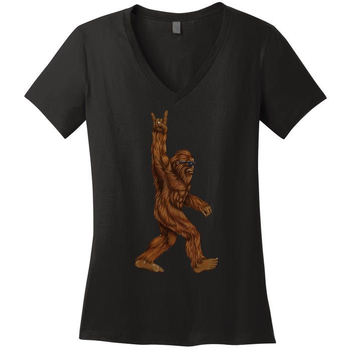 Rock On Bigfoot Sasquatch Loves Rock And Roll Sunglasses On Women's V-Neck T-Shirt