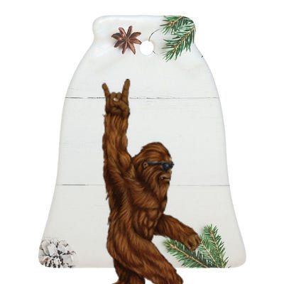 Rock On Bigfoot Sasquatch Loves Rock And Roll Sunglasses On Ceramic Bell Ornament