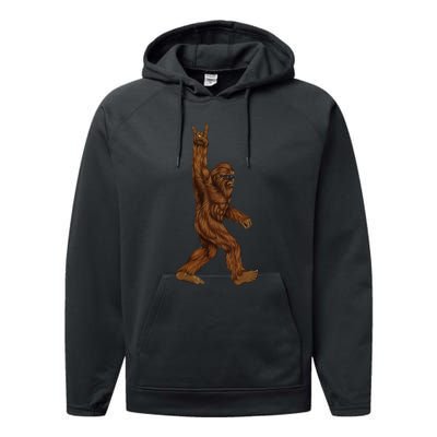 Rock On Bigfoot Sasquatch Loves Rock And Roll Sunglasses On Performance Fleece Hoodie