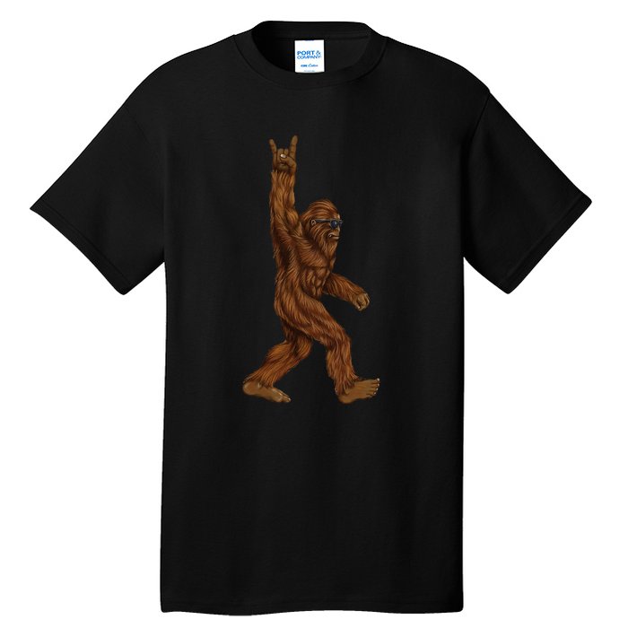 Rock On Bigfoot Sasquatch Loves Rock And Roll Sunglasses On Tall T-Shirt