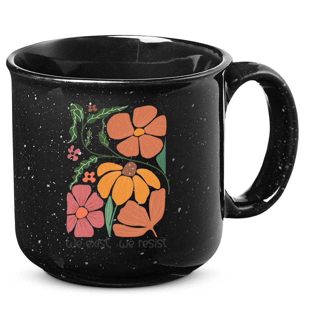 Retro Orange Blooms Groovy Floral We Exist We Resist 15oz Campfire Ceramic Mug