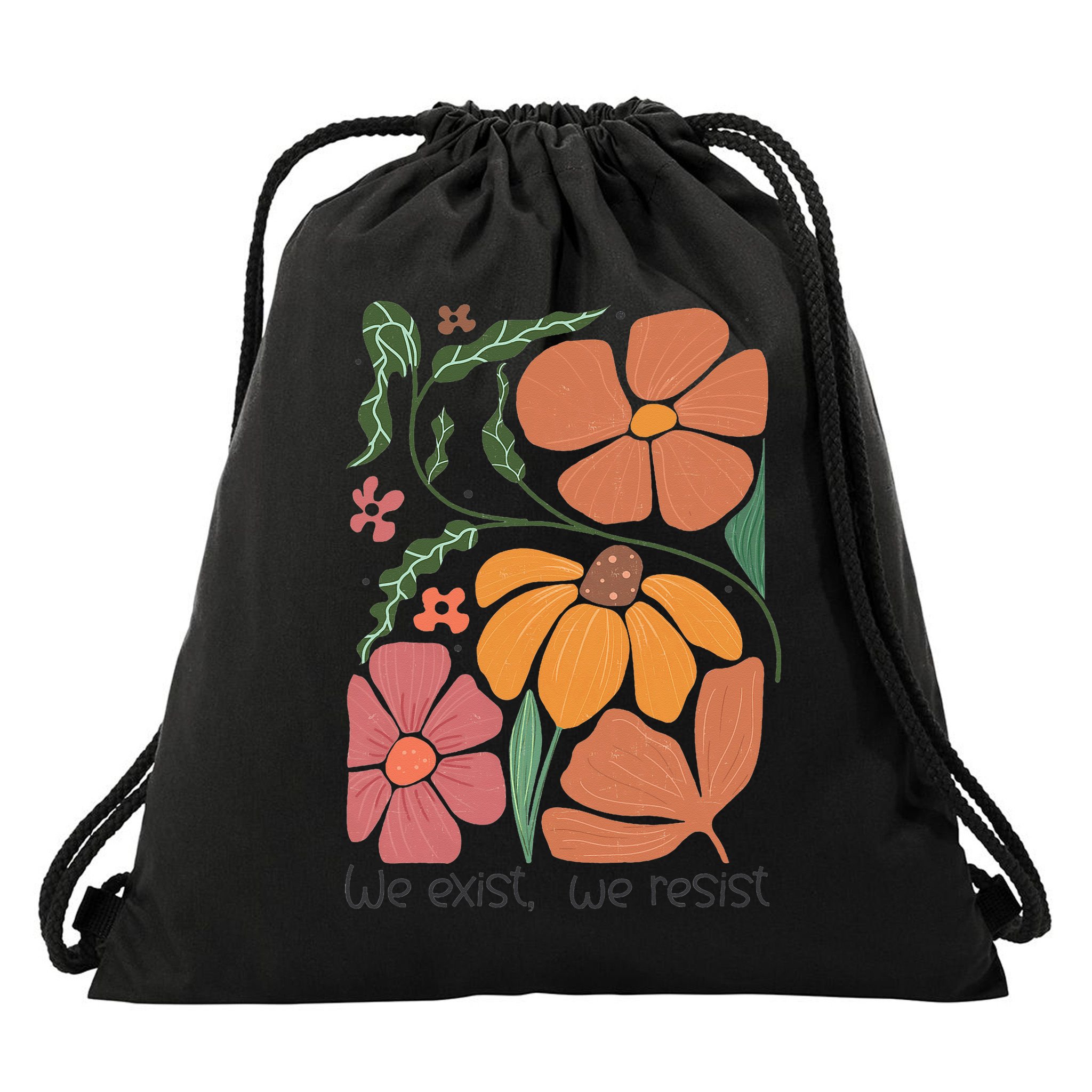 Retro Orange Blooms Groovy Floral We Exist We Resist Drawstring Bag