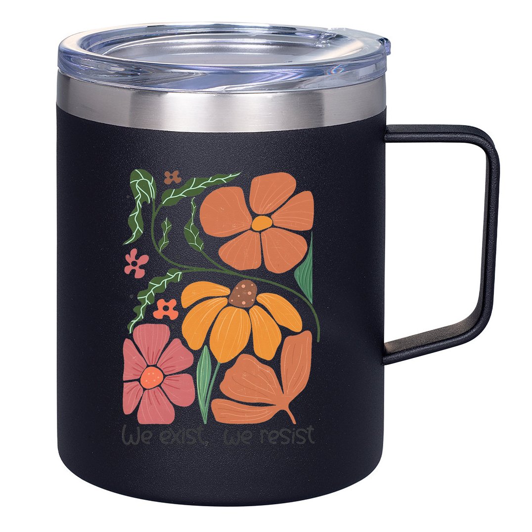 Retro Orange Blooms Groovy Floral We Exist We Resist 12oz Stainless Steel Coffee Mug