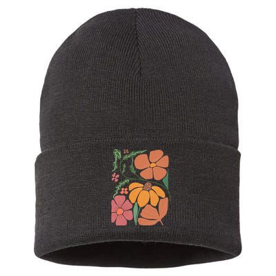 Retro Orange Blooms Groovy Floral We Exist We Resist Sustainable Knit Beanie