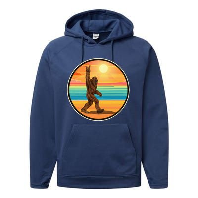 Rock On Bigfoot Sasquatch Loves Rock And Roll Sunglasses Performance Fleece Hoodie