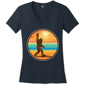 Rock On Bigfoot Sasquatch Loves Rock And Roll Sunglasses Women's V-Neck T-Shirt