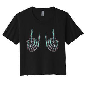 Rock On Band Rock And Roll Halloween Skeleton Hands Women's Crop Top Tee