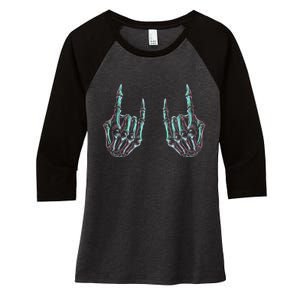 Rock On Band Rock And Roll Halloween Skeleton Hands Women's Tri-Blend 3/4-Sleeve Raglan Shirt