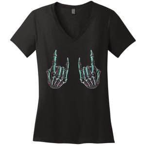 Rock On Band Rock And Roll Halloween Skeleton Hands Women's V-Neck T-Shirt