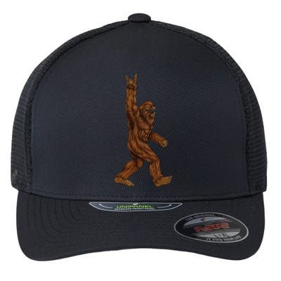 Rock On Bigfoot Sasquatch Loves Rock And Roll Sunglasses On Flexfit Unipanel Trucker Cap