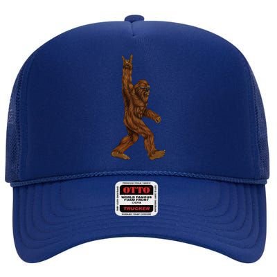 Rock On Bigfoot Sasquatch Loves Rock And Roll Sunglasses On High Crown Mesh Back Trucker Hat