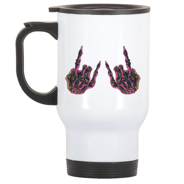 Rock On Band Tees Rock And Roll Skeleton Hands Graphic Tees Stainless Steel Travel Mug