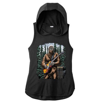 Rock On Bigfoot Sasquatch Loves Rock And Roll Graphic S Ladies PosiCharge Tri-Blend Wicking Draft Hoodie Tank