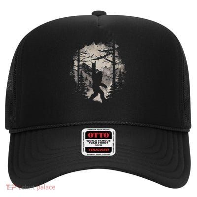 Rock On Bigfoot Sasquatch Loves Rock And Roll Mountain Trees High Crown Mesh Back Trucker Hat