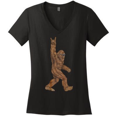 Rock On Bigfoot Sasquatch Loves Rock And Roll Women's V-Neck T-Shirt