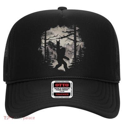 Rock On Bigfoot Sasquatch Loves Rock And Roll Mountain Trees High Crown Mesh Back Trucker Hat