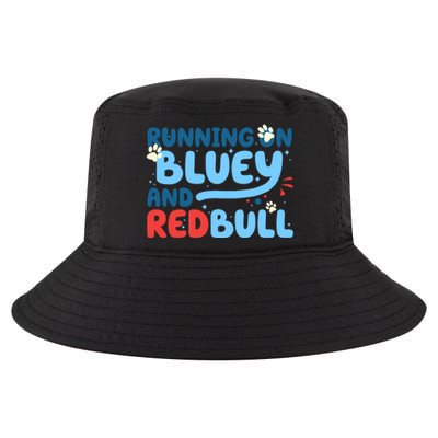 Running On Blue Heeler And Energy Drinks Red White Blue Dog Blu Cool Comfort Performance Bucket Hat