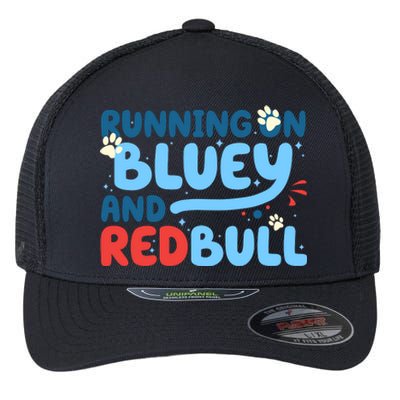 Running On Blue Heeler And Energy Drinks Red White Blue Dog Blu Flexfit Unipanel Trucker Cap