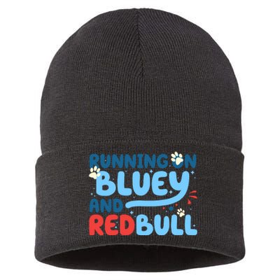 Running On Blue Heeler And Energy Drinks Red White Blue Dog Blu Sustainable Knit Beanie