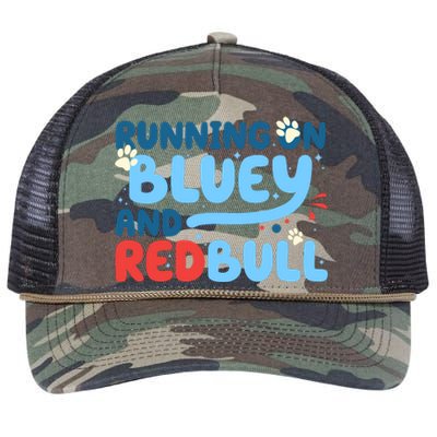 Running On Blue Heeler And Energy Drinks Red White Blue Dog Blu Retro Rope Trucker Hat Cap