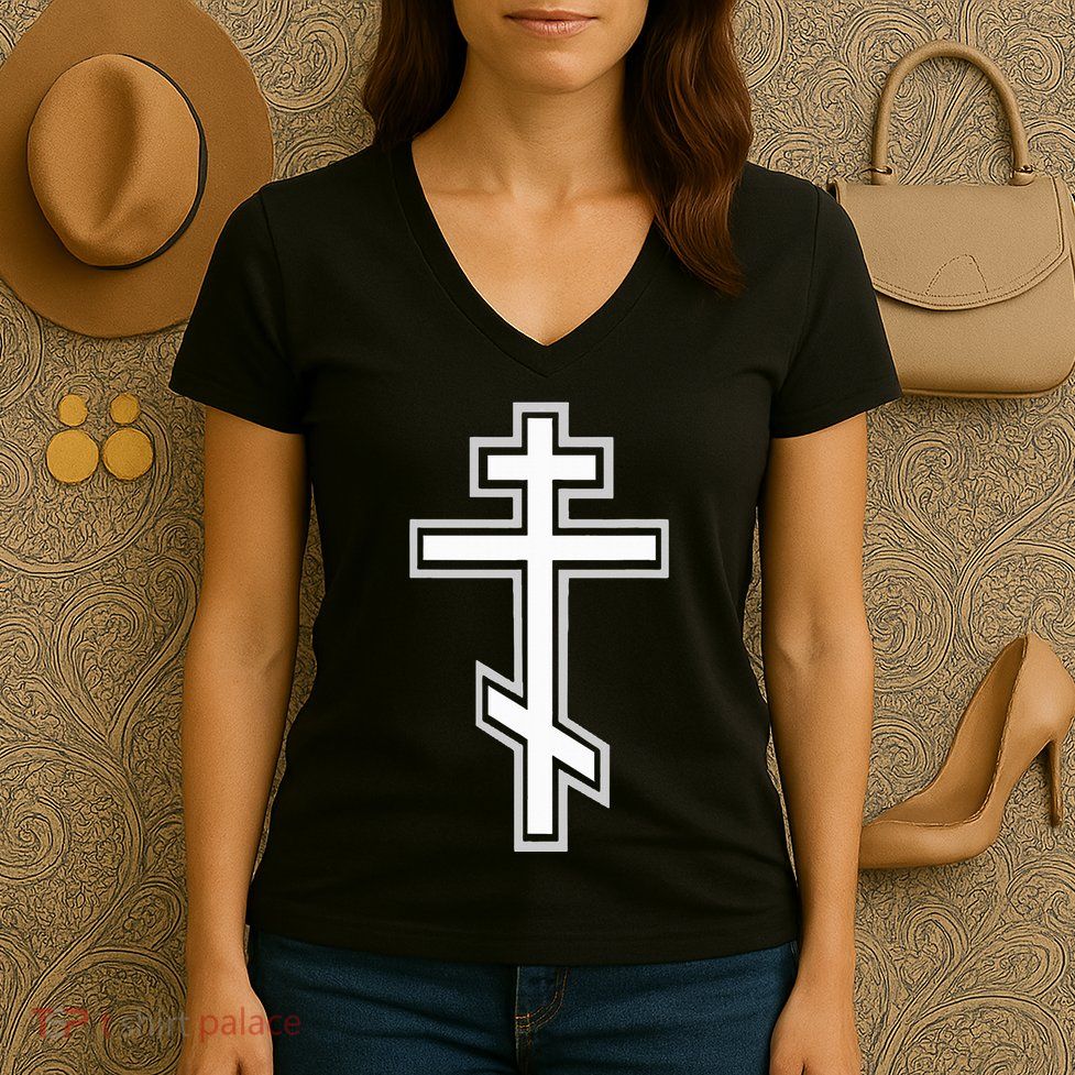 Russian Orthodox Cross. Crucifix Christian Women's V-Neck T-Shirt