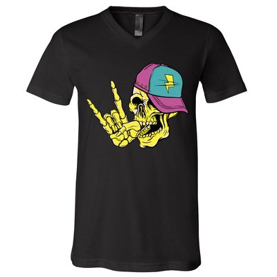 Rock On Cool Skull V-Neck T-Shirt