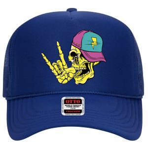 Rock On Cool Skull High Crown Mesh Back Trucker Hat