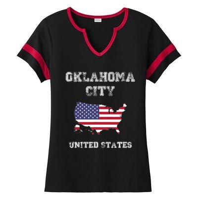 Retro Oklahoma City United States Distressed USA Flag Ladies Halftime Notch Neck Tee