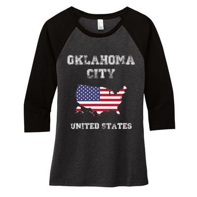 Retro Oklahoma City United States Distressed USA Flag Women's Tri-Blend 3/4-Sleeve Raglan Shirt