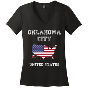 Retro Oklahoma City United States Distressed USA Flag Women's V-Neck T-Shirt