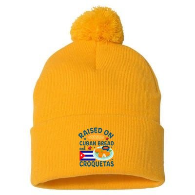 Raised On Cuban Bread And Croquetas Cuba Cuban Pom Pom 12in Knit Beanie