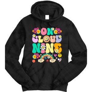 Retro On Cloud Nine Flower Happy 9th Birthday 9 Years Old Tie Dye Hoodie