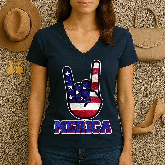 Rock On Merica Women's V-Neck T-Shirt