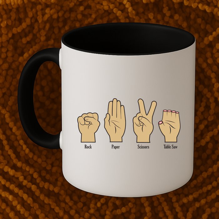 Rock Paper Scissors Table Saw Mug