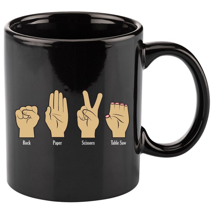 Rock Paper Scissors Table Saw 11oz C Handle Ceramic Mug