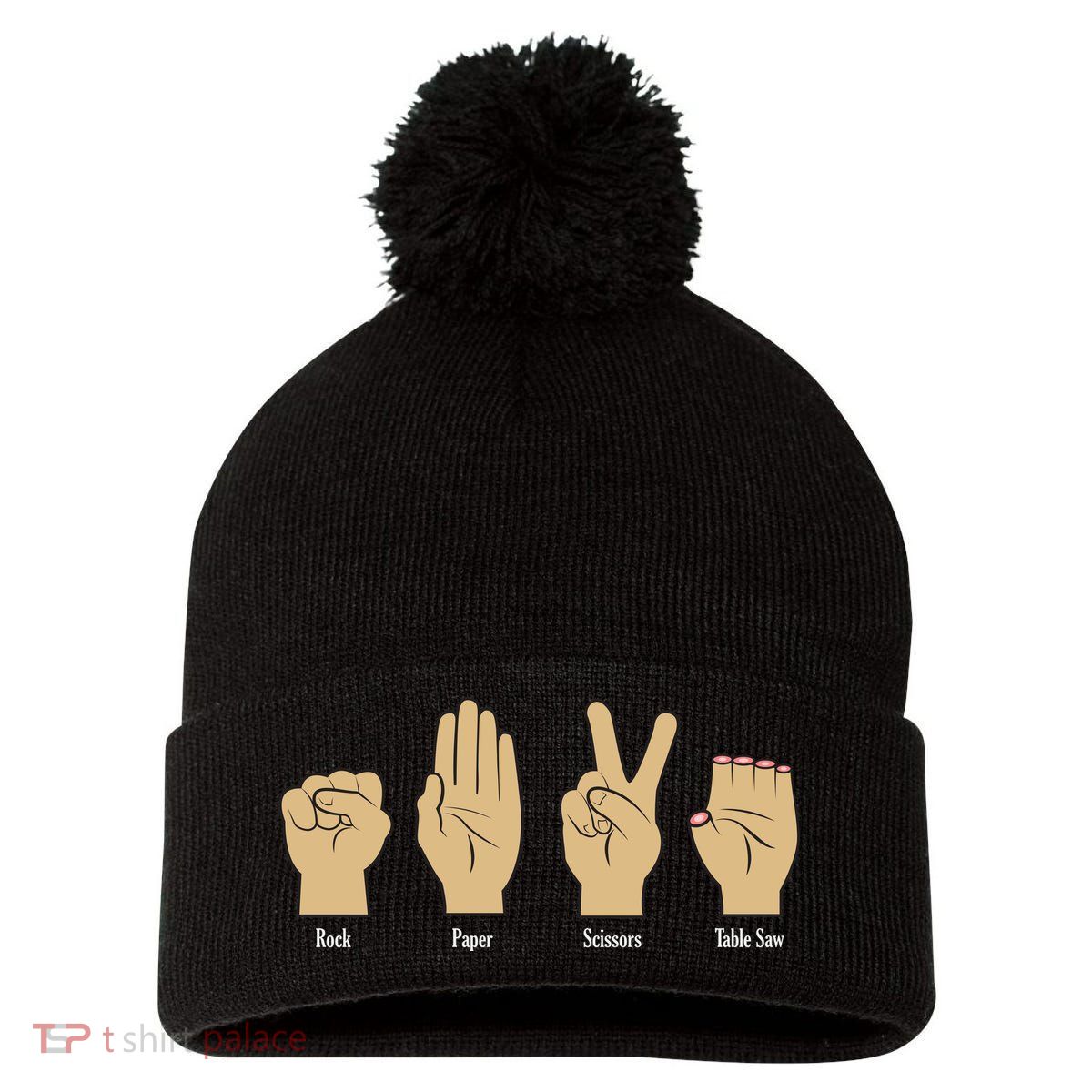 Rock Paper Scissors Table Saw Pom Pom 12in Knit Beanie