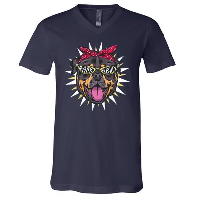 Rockabilly Rottweiler Dog V-Neck T-Shirt