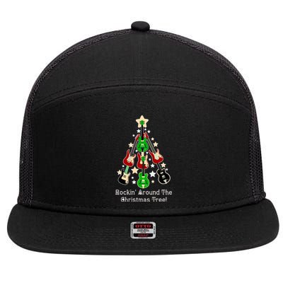 Rockin' Around the Christmas Tree Funny Guitar 7 Panel Mesh Trucker Snapback Hat