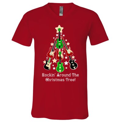Rockin' Around the Christmas Tree Funny Guitar V-Neck T-Shirt
