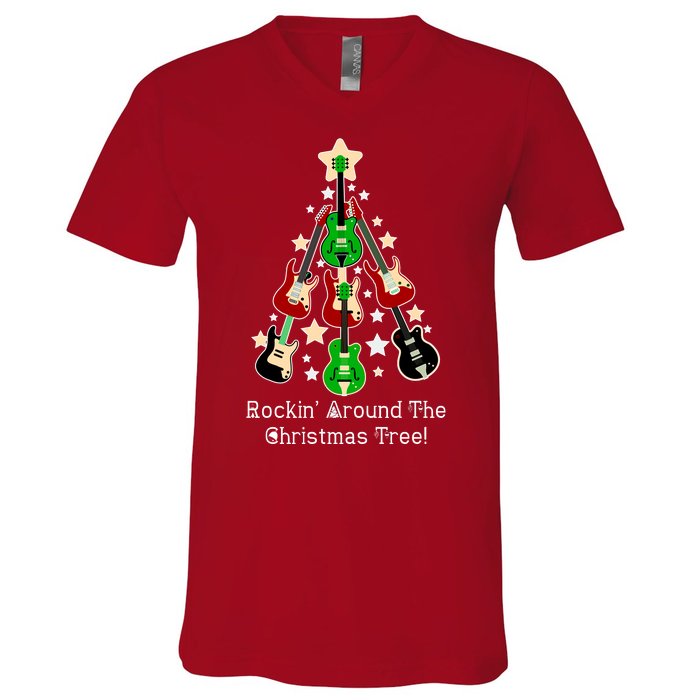 Rockin' Around the Christmas Tree Funny Guitar V-Neck T-Shirt