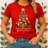 Rockin' Around the Christmas Tree Funny Guitar Womens T-Shirt