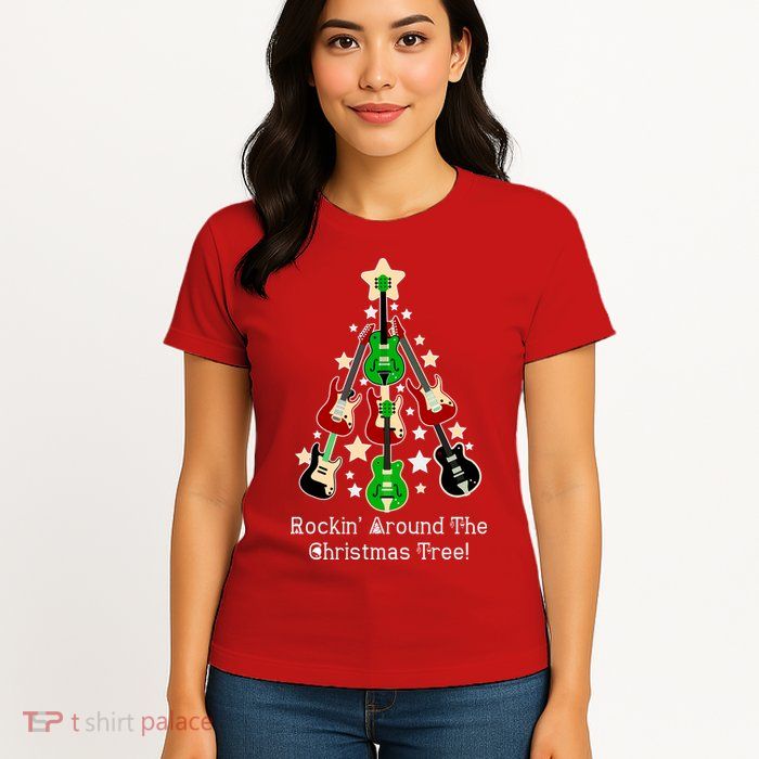 Rockin' Around the Christmas Tree Funny Guitar Womens T-Shirt
