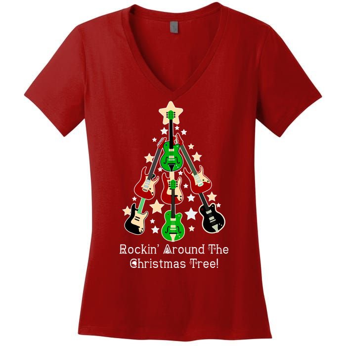 Rockin' Around the Christmas Tree Funny Guitar Women's V-Neck T-Shirt