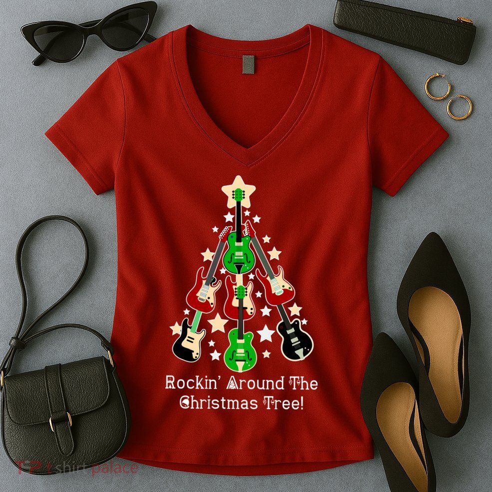 Rockin' Around the Christmas Tree Funny Guitar Women's V-Neck T-Shirt