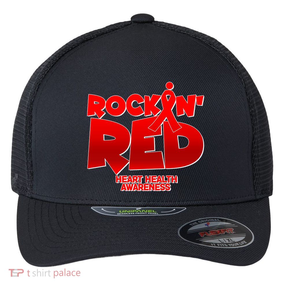 Rockin Red Heart Health Awareness Flexfit Unipanel Trucker Cap