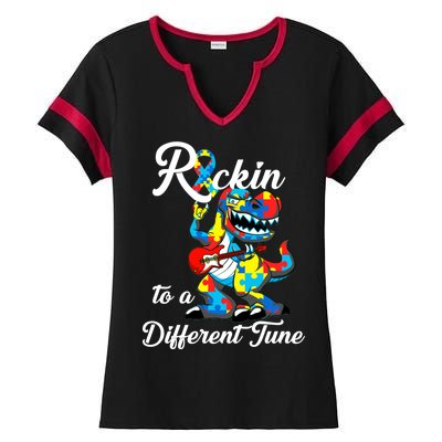 Rockin To A Different Tune Autism Dinosaur Ladies Halftime Notch Neck Tee