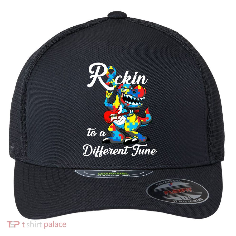 Rockin To A Different Tune Autism Dinosaur Flexfit Unipanel Trucker Cap