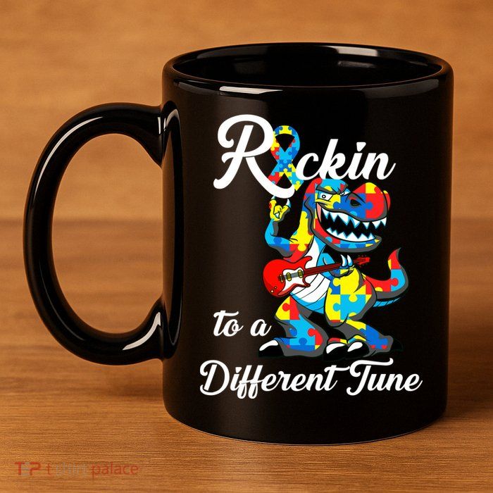 Rockin To A Different Tune Autism Dinosaur 11oz C Handle Ceramic Mug